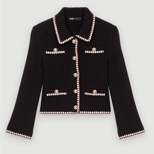 MAJE Contrasting ribbed cropped cardigan - Black with red and white trimming